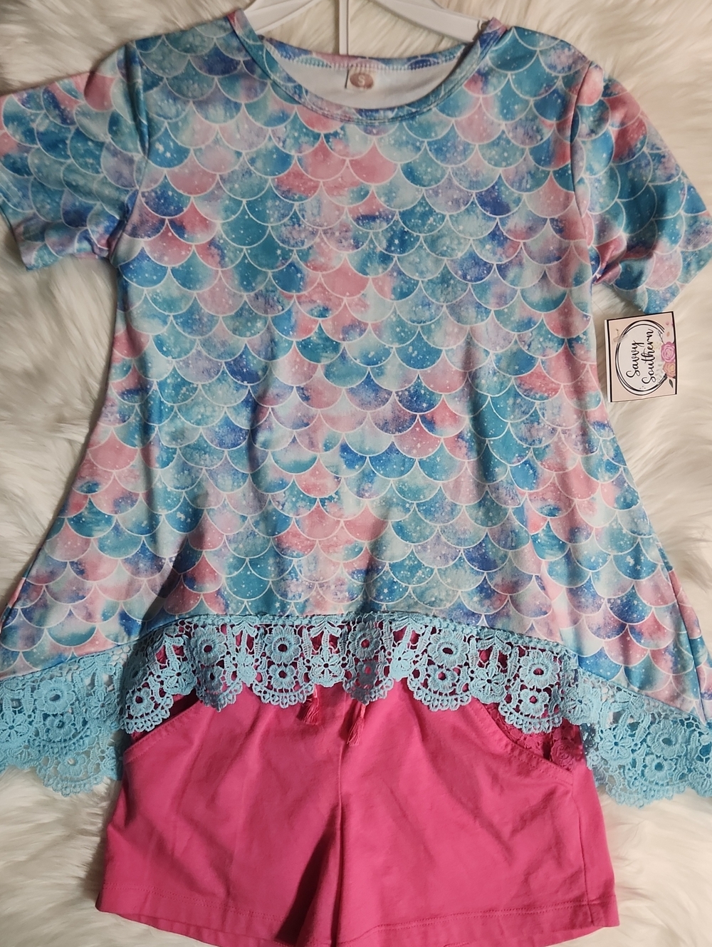 2pc Outfit: Mermaid Scale Lace-Hem Top with Pink Shorts - Girls Size 10